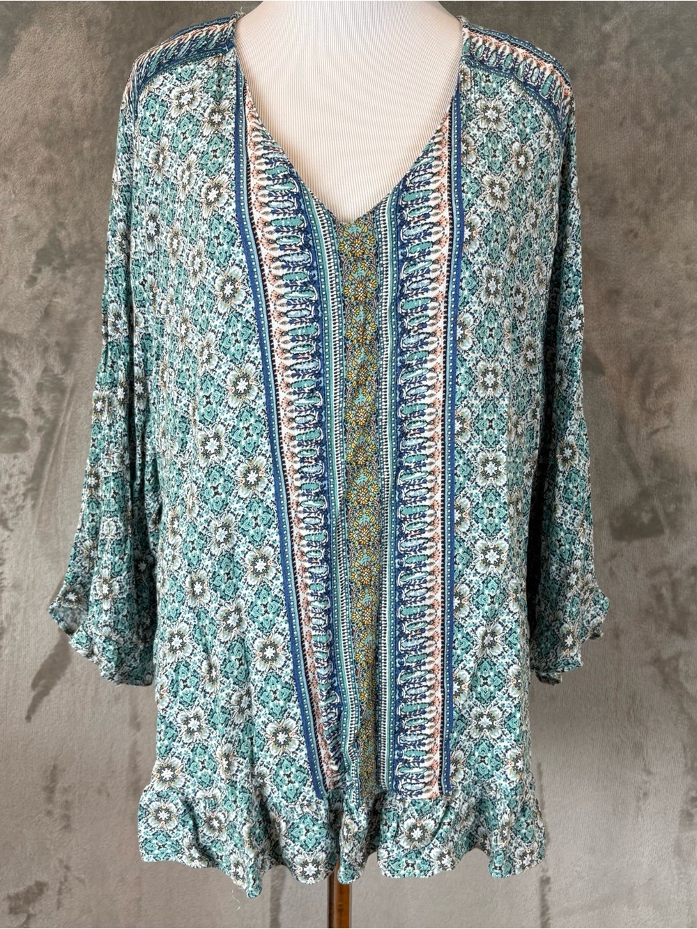 Jones New York Teal and Navy Floral V-Neck Tunic 2X Boho